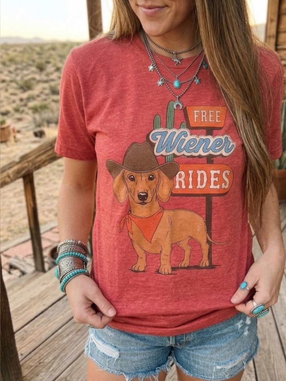 Gildan Free Wiener Rides Prairie Rose Red Western Dachshund & Cactus Graphic Tee